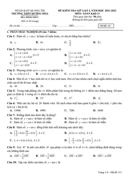 đề giữa kỳ 1 toán 11 năm 2021 – 2022 trường thpt hướng hóa – quảng trị