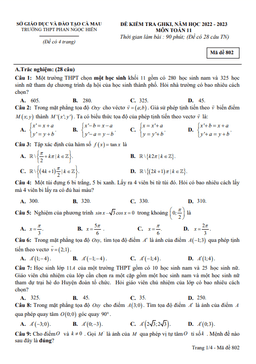 đề giữa kỳ 1 toán 11 năm 2022 – 2023 trường thpt phan ngọc hiển – cà mau
