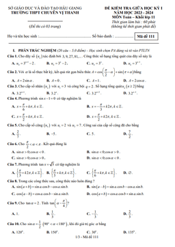 đề giữa kỳ 1 toán 11 năm 2023 – 2024 trường thpt chuyên vị thanh – hậu giang