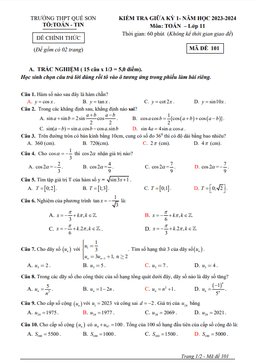 đề giữa kỳ 1 toán 11 năm 2023 – 2024 trường thpt quế sơn – quảng nam