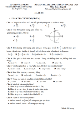 đề giữa kỳ 1 toán 11 năm 2023 – 2024 trường thpt trần hưng đạo – hải phòng