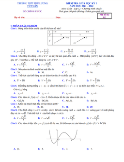 đề giữa kỳ 1 toán 12 năm 2021 – 2022 trường thpt phú lương – thái nguyên