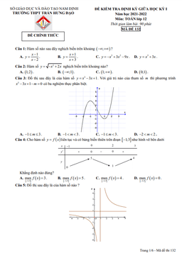 đề giữa kỳ 1 toán 12 năm 2021 – 2022 trường thpt trần hưng đạo – nam định