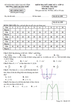 đề giữa kỳ 1 toán 12 năm 2022 – 2023 trường thpt hương khê – hà tĩnh