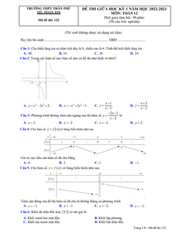 đề giữa kỳ 1 toán 12 năm 2022 – 2023 trường thpt trần phú – phú yên