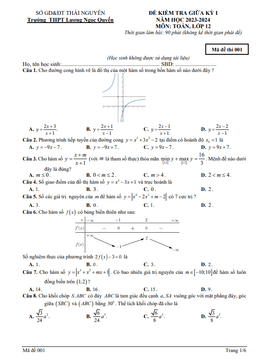đề giữa kỳ 1 toán 12 năm 2023 – 2024 trường thpt lương ngọc quyến – thái nguyên