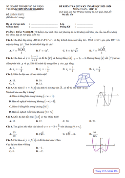 đề giữa kỳ 1 toán 12 năm 2023 – 2024 trường thpt ông ích khiêm – đà nẵng