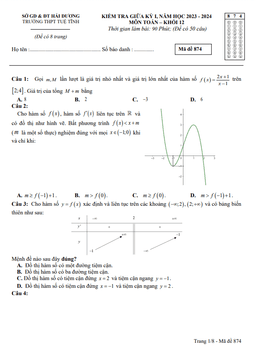 đề giữa kỳ 1 toán 12 năm 2023 – 2024 trường thpt tuệ tĩnh – hải dương