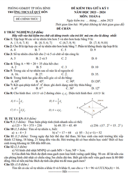 đề giữa kỳ 1 toán 6 năm 2023 – 2024 trường thcs lê quý đôn – hòa bình