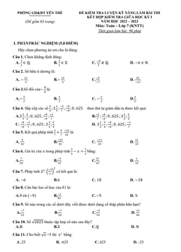 đề giữa kỳ 1 toán 7 (knttvcs) năm 2022 – 2023 phòng gd&đt yên thế – bắc giang