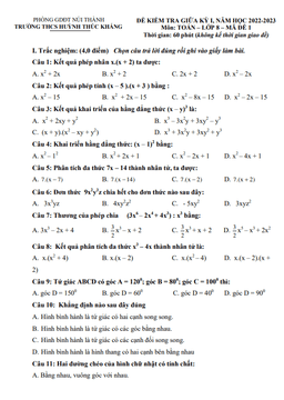 đề giữa kỳ 1 toán 8 năm 2022 – 2023 trường thcs huỳnh thúc kháng – quảng nam