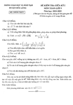 đề giữa kỳ 1 toán 9 năm 2022 – 2023 phòng gd&đt hữu lũng – lạng sơn