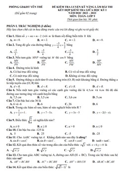 đề giữa kỳ 1 toán 9 năm 2022 – 2023 phòng gd&đt yên thế – bắc giang