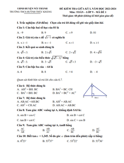 đề giữa kỳ 1 toán 9 năm 2023 – 2024 trường thcs huỳnh thúc kháng – quảng nam