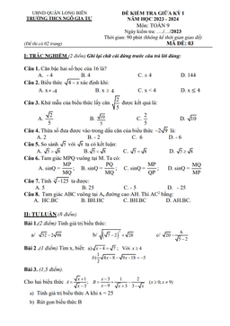 đề giữa kỳ 1 toán 9 năm 2023 – 2024 trường thcs ngô gia tự – hà nội