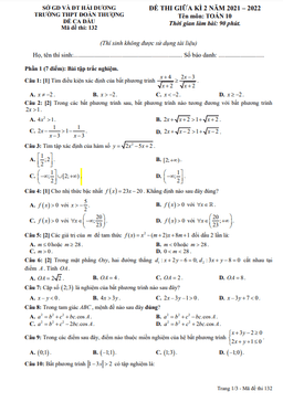 đề giữa kỳ 2 toán 10 năm 2021 – 2022 trường thpt đoàn thượng – hải dương