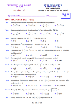đề giữa kỳ 2 toán 10 năm 2022 – 2023 trường thpt lạng giang 1 – bắc giang