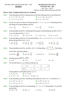 đề giữa kỳ 2 toán 10 năm 2023 – 2024 trường thpt chuyên quốc học huế