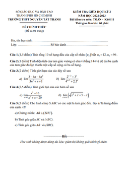 đề giữa kỳ 2 toán 11 năm 2022 – 2023 trường thpt nguyễn tất thành – tp hcm