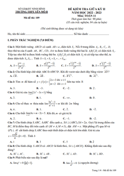 đề giữa kỳ 2 toán 11 năm 2022 – 2023 trường thpt yên mô b – ninh bình