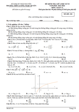 đề giữa kỳ 2 toán 11 năm 2023 – 2024 trường thpt lương ngọc quyến – thái nguyên