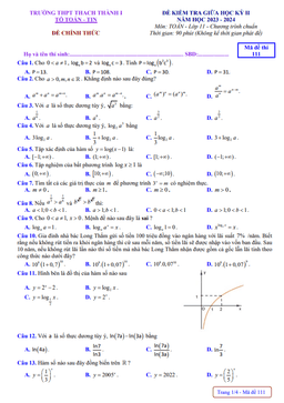 đề giữa kỳ 2 toán 11 năm 2023 – 2024 trường thpt thạch thành 1 – thanh hóa