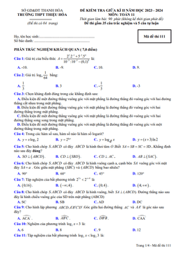 đề giữa kỳ 2 toán 11 năm 2023 – 2024 trường thpt thiệu hóa – thanh hóa