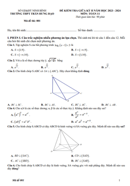 đề giữa kỳ 2 toán 11 năm 2023 – 2024 trường thpt trần hưng đạo – ninh bình