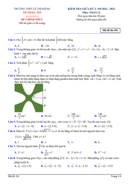 đề giữa kỳ 2 toán 12 năm 2022 – 2023 trường thpt lê thị riêng – bạc liêu