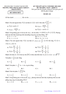 đề giữa kỳ 2 toán 12 năm 2022 – 2023 trường thpt phùng khắc khoan – hà nội
