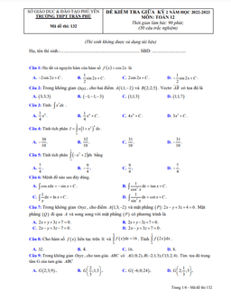 đề giữa kỳ 2 toán 12 năm 2022 – 2023 trường thpt trần phú – phú yên