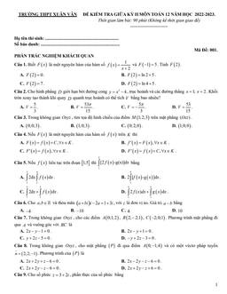 đề giữa kỳ 2 toán 12 năm 2022 – 2023 trường thpt xuân vân – tuyên quang