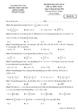 đề giữa kỳ 2 toán 12 năm 2023 – 2024 trường thpt chuyên hùng vương – phú thọ