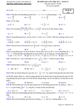 đề giữa kỳ 2 toán 12 năm 2023 – 2024 trường thpt đặng thai mai – nghệ an