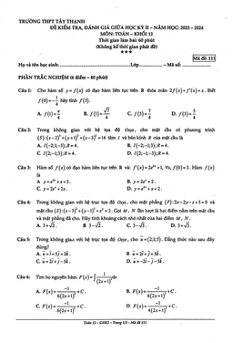 đề giữa kỳ 2 toán 12 năm 2023 – 2024 trường thpt tây thạnh – tp hcm