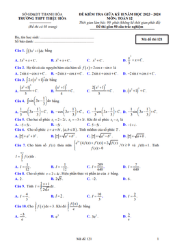 đề giữa kỳ 2 toán 12 năm 2023 – 2024 trường thpt thiệu hóa – thanh hóa