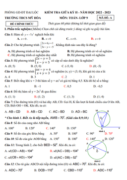 đề giữa kỳ 2 toán 9 năm 2022 – 2023 trường thcs mỹ hòa – quảng nam