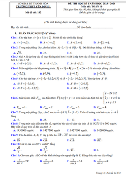 đề học kì 1 toán 10 năm 2023 – 2024 trường thpt yên định 1 – thanh hóa