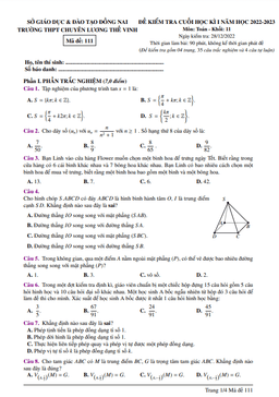 đề học kì 1 toán 11 năm 2022 – 2023 trường chuyên lương thế vinh – đồng nai