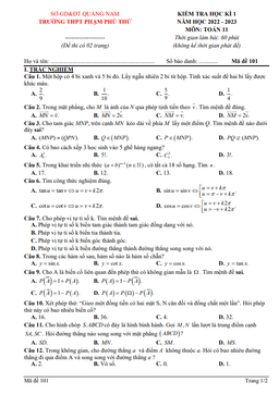 đề học kì 1 toán 11 năm 2022 – 2023 trường thpt phạm phú thứ – quảng nam