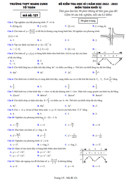 đề học kì 1 toán 12 năm 2022 – 2023 trường thpt marie curie – tp hcm