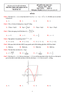 đề học kì 1 toán 12 năm 2022 – 2023 trường thpt thủ khoa huân – tp hcm