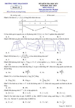 đề học kì 1 toán 12 năm 2023 – 2024 trường thpt thạch bàn – hà nội