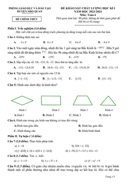 đề học kì 1 toán 6 năm 2023 – 2024 phòng gd&đt nho quan – ninh bình
