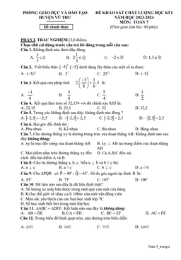 đề học kì 1 toán 7 năm 2023 – 2024 phòng gd&đt vũ thư – thái bình