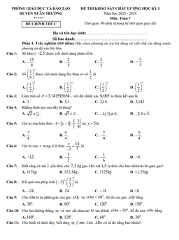đề học kì 1 toán 7 năm 2023 – 2024 phòng gd&đt xuân trường – nam định