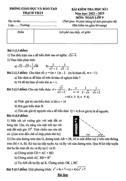 đề học kì 1 toán 9 năm 2022 – 2023 phòng gd&đt thạch thất – hà nội