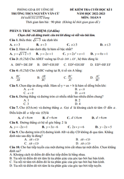 đề học kì 1 toán 9 năm 2022 – 2023 trường thcs nguyễn văn cừ – quảng ninh