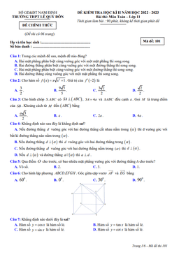 đề học kì 2 toán 11 năm 2022 – 2023 trường thpt lê quý đôn – nam định