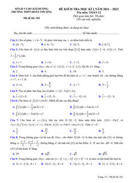 đề học kì 2 toán 12 năm 2021 – 2022 trường thpt đoàn thượng – hải dương